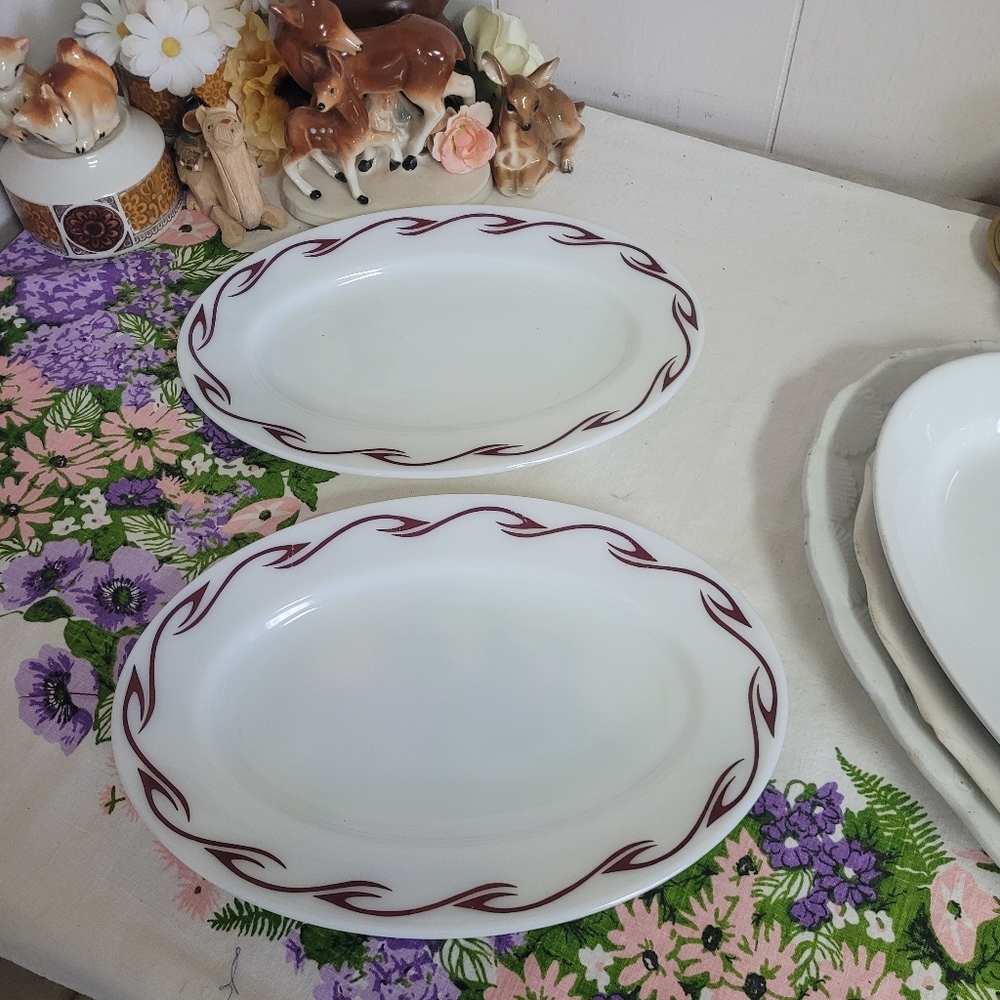 Vintage PYREX RUBY SCROLL Oval Platter Milk Glass, Set Of 2